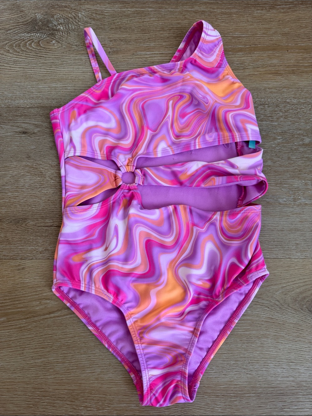 Girls Pink & Orange Marble One-Shoulder Swimsuit with Cutouts